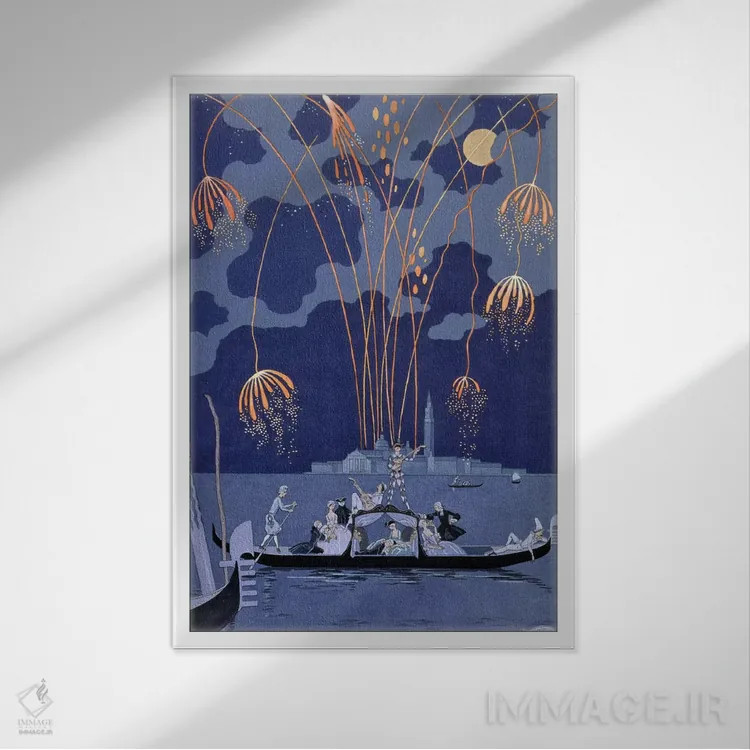 تابلو illustration for 'Fetes Galantes' by Paul Verlaine (1844-96) 1924 (pochoir print),آتشبازی در ونیز، تصویرسازی برای "جشنهای خوشگذرانی" اثر پل ورلن (۱۸۴۴–۹۶)، ۱۹۲۴ (چاپ پوشر) اثر جورج باربیه (طراح و تصویرگر فرانسوی) - نمای قابدار سفید