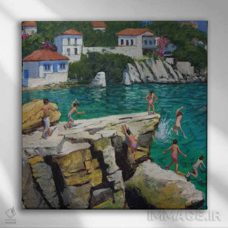 تابلو Plates, Skiathos,پریدن به دریا، بشقابها، اسکیاتوس اثر اندرو ماکارا - نمای روبهرو روی دیوار