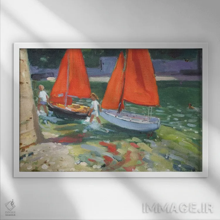 تابلو Looe,دختران با بادبانبازی، لو (شهر) اثر اندرو ماکارا - نمای قابدار سفید