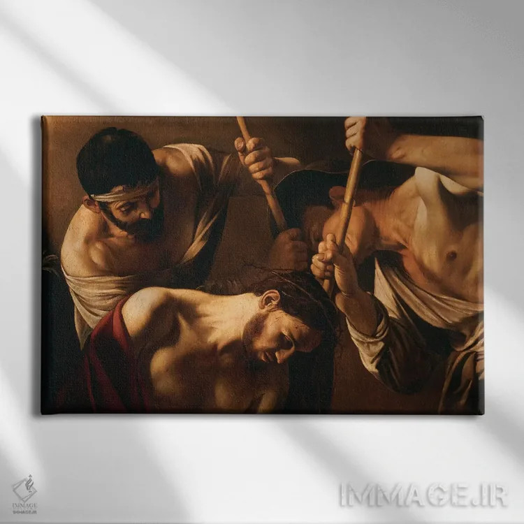 تابلو c.1603,تاجگذاری با خار، حدود ۱۶۰۳ اثر میکلآنژو مریزی دا کاراواجو (کاراواجو؛ نقاش بزرگ ایتالیایی) - نمای روبهرو روی دیوار