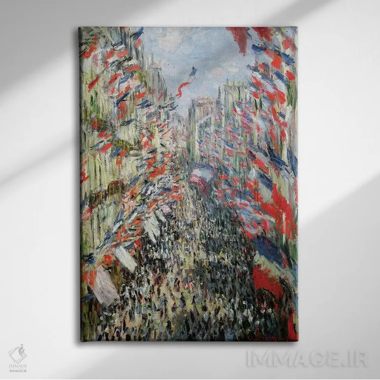 تابلو Paris, Celebration of June 30, 1878,خیابان مونتورگوئی، پاریس، جشن سی ام ژوئن ۱۸۷۸ اثر کلود مونه (نقاش معروف فرانسوی) - نمای روبهرو روی دیوار