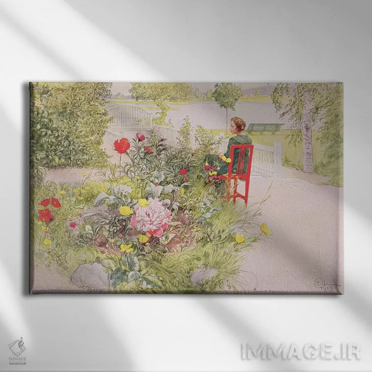 تابلو 1913, from a commercially printed portfolio, published in 1939,تابستان در سوندبورن، ۱۹۱۳، از یک مجموعه چاپ تجاری، منتشر شده در ۱۹۳۹ اثر کارل لارسون (نقاش و تصویرگر سوئدی) - نمای روبهرو روی دیوار