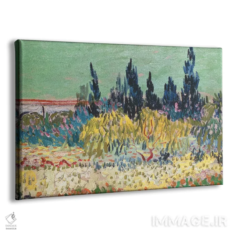 تابلو detail of the cypress trees, 1888,باغ در آرل، جزئیات درختان سرو، ۱۸۸۸ اثر ونسان ون گوگ (نقاش مشهور هلندی پستامپرسیونیسم) - نمای پرسپکتیو محصول