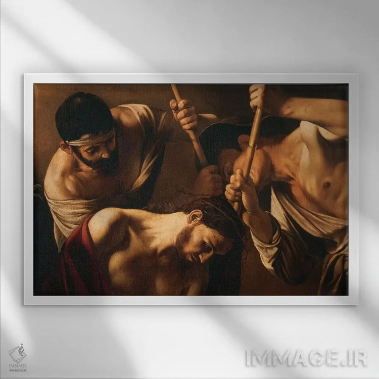 تابلو c.1603,تاجگذاری با خار، حدود ۱۶۰۳ اثر میکلآنژو مریزی دا کاراواجو (کاراواجو؛ نقاش بزرگ ایتالیایی) - نمای قابدار سفید