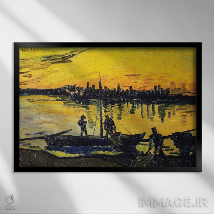 تابلو 1888,باربرها در آرل، ۱۸۸۸ اثر ونسان ون گوگ (نقاش مشهور هلندی پستامپرسیونیسم) - نمای قابدار مشکی