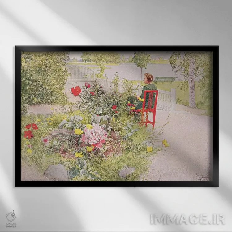 تابلو 1913, from a commercially printed portfolio, published in 1939,تابستان در سوندبورن، ۱۹۱۳، از یک مجموعه چاپ تجاری، منتشر شده در ۱۹۳۹ اثر کارل لارسون (نقاش و تصویرگر سوئدی) - نمای قابدار مشکی