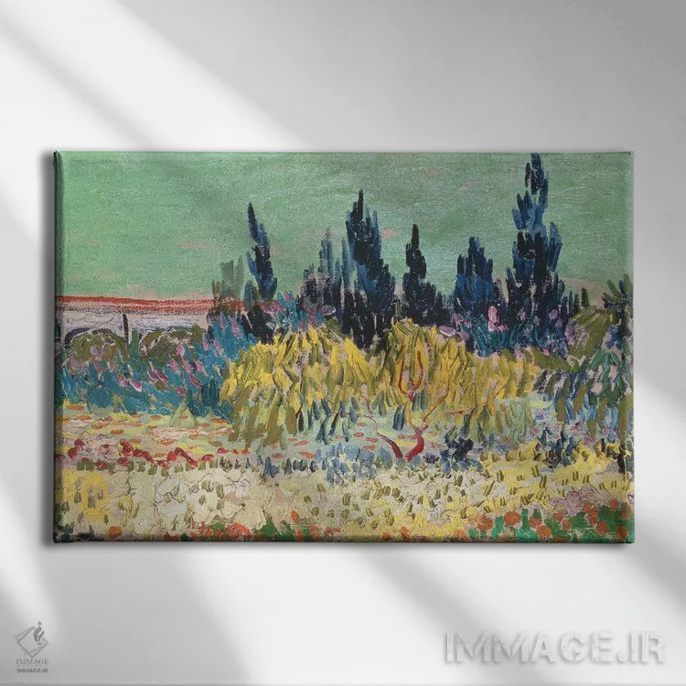 تابلو detail of the cypress trees, 1888,باغ در آرل، جزئیات درختان سرو، ۱۸۸۸ اثر ونسان ون گوگ (نقاش مشهور هلندی پستامپرسیونیسم) - نمای روبهرو روی دیوار