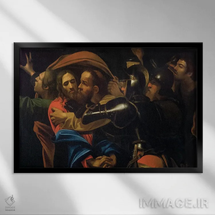 تابلو دستگیری مسیح اثر میکلآنژو مریزی دا کاراواجو (کاراواجو؛ نقاش بزرگ ایتالیایی) - نمای قابدار مشکی