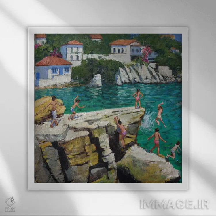 تابلو Plates, Skiathos,پریدن به دریا، بشقابها، اسکیاتوس اثر اندرو ماکارا - نمای قابدار سفید