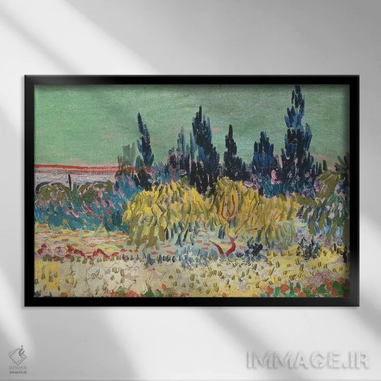تابلو detail of the cypress trees, 1888,باغ در آرل، جزئیات درختان سرو، ۱۸۸۸ اثر ونسان ون گوگ (نقاش مشهور هلندی پستامپرسیونیسم) - نمای قابدار مشکی