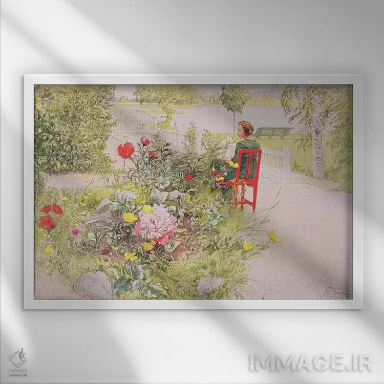 تابلو 1913, from a commercially printed portfolio, published in 1939,تابستان در سوندبورن، ۱۹۱۳، از یک مجموعه چاپ تجاری، منتشر شده در ۱۹۳۹ اثر کارل لارسون (نقاش و تصویرگر سوئدی) - نمای قابدار سفید