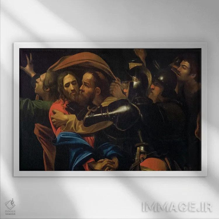 تابلو دستگیری مسیح اثر میکلآنژو مریزی دا کاراواجو (کاراواجو؛ نقاش بزرگ ایتالیایی) - نمای قابدار سفید