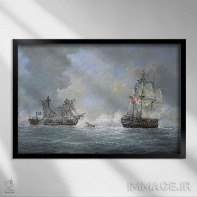 تابلو 1812,درگیری میان ناو آمریکایی "یونایتد استیتس" و ناو انگلیسی "مکدونیان" در نزدیکی جزایر قناری، ۲۵ اکتبر ۱۸۱۲ اثر ریچارد ویلیس - نمای قابدار مشکی