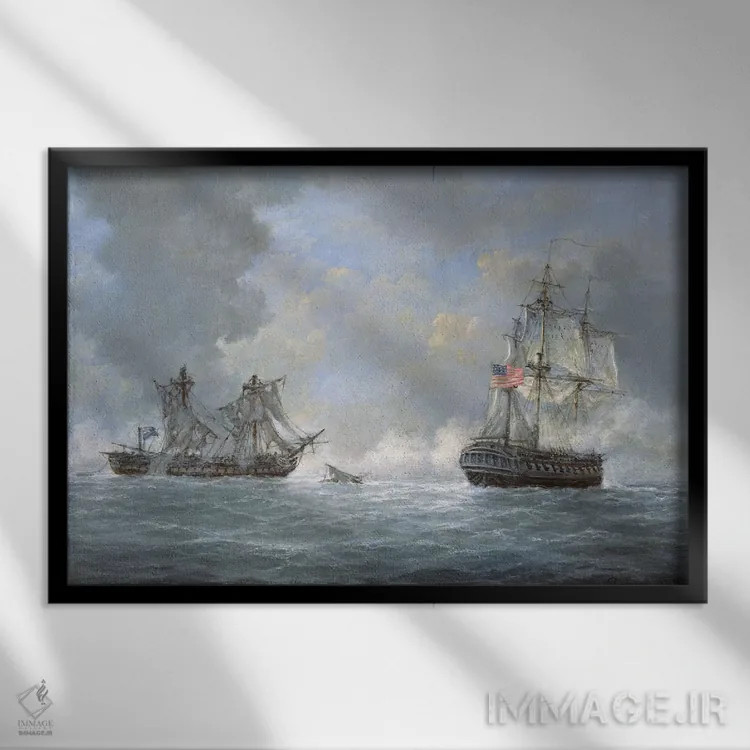 تابلو 1812,درگیری میان ناو آمریکایی "یونایتد استیتس" و ناو انگلیسی "مکدونیان" در نزدیکی جزایر قناری، ۲۵ اکتبر ۱۸۱۲ اثر ریچارد ویلیس - نمای قابدار مشکی