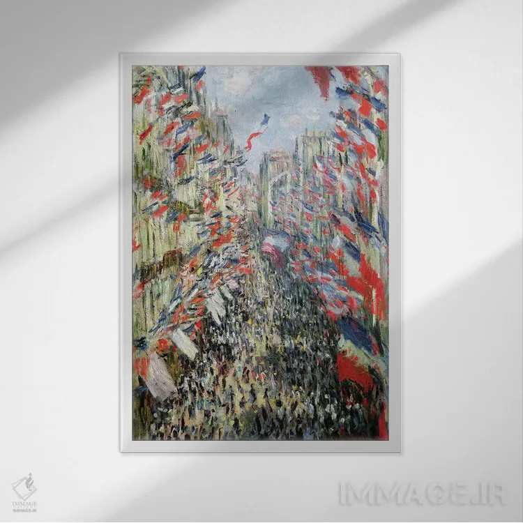 تابلو Paris, Celebration of June 30, 1878,خیابان مونتورگوئی، پاریس، جشن سی ام ژوئن ۱۸۷۸ اثر کلود مونه (نقاش معروف فرانسوی) - نمای قابدار سفید