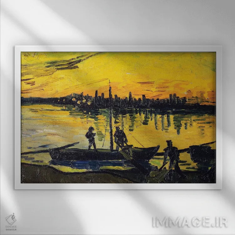 تابلو 1888,باربرها در آرل، ۱۸۸۸ اثر ونسان ون گوگ (نقاش مشهور هلندی پستامپرسیونیسم) - نمای قابدار سفید