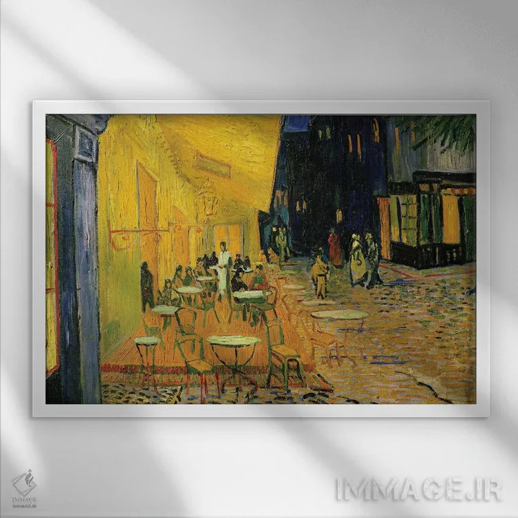 تابلو Place du Forum, Arles, 1888,کافه تراس، میدان فوروم، آرل، ۱۸۸۸ اثر ونسان ون گوگ (نقاش مشهور هلندی پستامپرسیونیسم) - نمای قابدار سفید