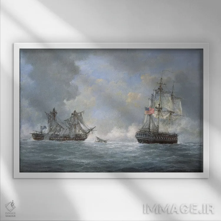 تابلو 1812,درگیری میان ناو آمریکایی "یونایتد استیتس" و ناو انگلیسی "مکدونیان" در نزدیکی جزایر قناری، ۲۵ اکتبر ۱۸۱۲ اثر ریچارد ویلیس - نمای قابدار سفید
