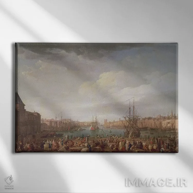 تابلو 1754,نمای صبحگاهی از بندر داخلی مارسی و ساختمان ساعت پارک، ۱۷۵۴ اثر کلاد ژوزف ورنه - نمای روبهرو روی دیوار