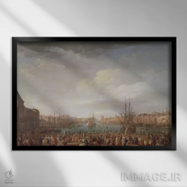تابلو 1754,نمای صبحگاهی از بندر داخلی مارسی و ساختمان ساعت پارک، ۱۷۵۴ اثر کلاد ژوزف ورنه - نمای قابدار مشکی