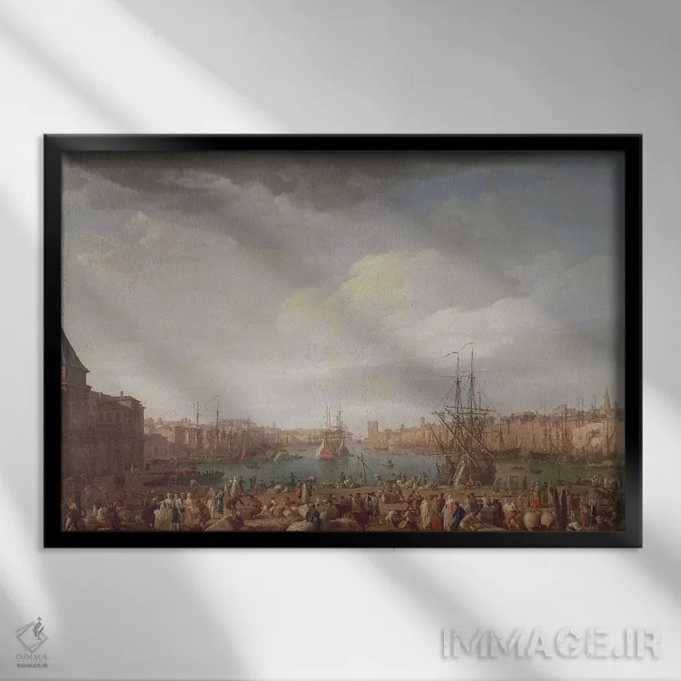 تابلو 1754,نمای صبحگاهی از بندر داخلی مارسی و ساختمان ساعت پارک، ۱۷۵۴ اثر کلاد ژوزف ورنه - نمای قابدار مشکی