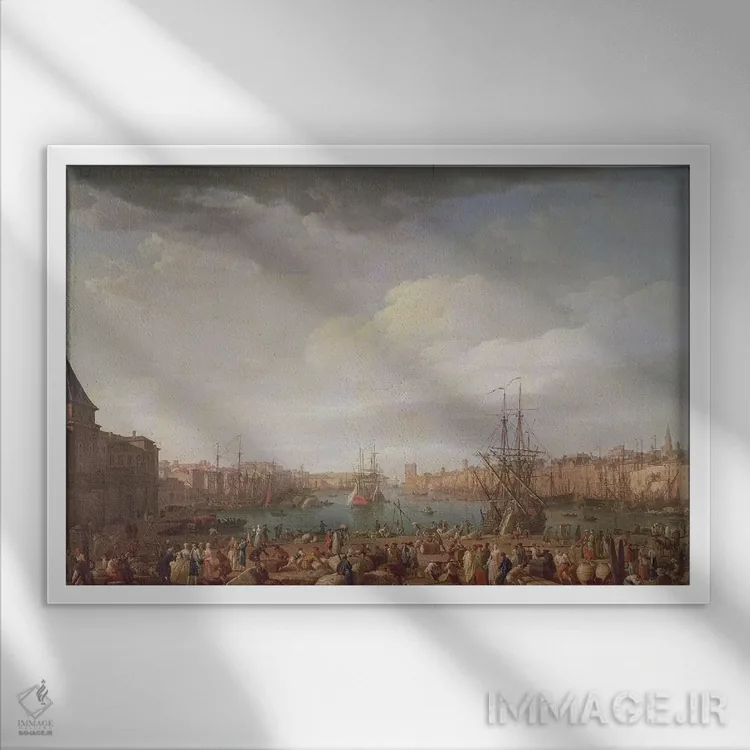 تابلو 1754,نمای صبحگاهی از بندر داخلی مارسی و ساختمان ساعت پارک، ۱۷۵۴ اثر کلاد ژوزف ورنه - نمای قابدار سفید
