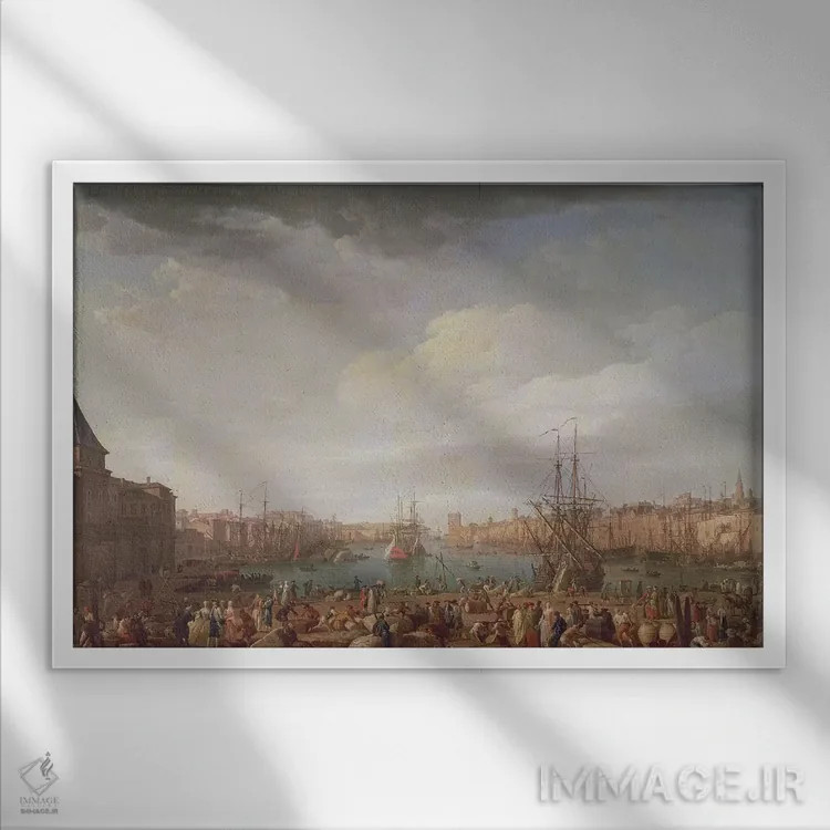 تابلو 1754,نمای صبحگاهی از بندر داخلی مارسی و ساختمان ساعت پارک، ۱۷۵۴ اثر کلاد ژوزف ورنه - نمای قابدار سفید