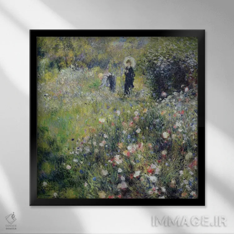تابلو 1875,زن با چتر در باغ، ۱۸۷۵ اثر پیر-اوگوست رنوار - نمای قابدار مشکی