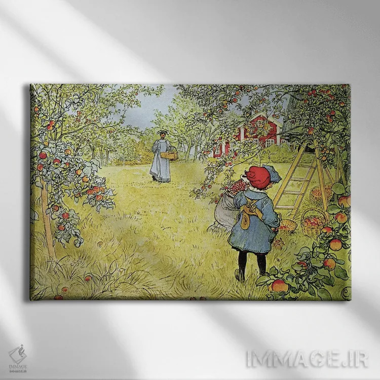 تابلو برداشت سیب اثر کارل لارسون (نقاش و تصویرگر سوئدی) - نمای روبهرو روی دیوار