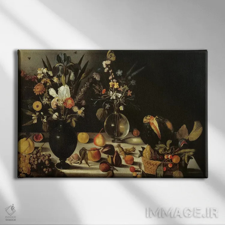 تابلو by Master of the Hartford Still Life, c.1600-10,طبیعت بیجان با گلها و میوهها اثر استاد طبیعت بیجان هارتفورد، حدود ۱۶۰۰–۱۰ اثر میکلآنژو مریزی دا کاراواجو (کاراواجو؛ نقاش بزرگ ایتالیایی) - نمای روبهرو روی دیوار