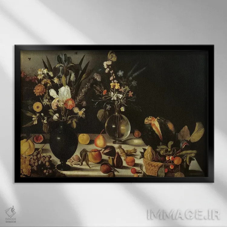 تابلو by Master of the Hartford Still Life, c.1600-10,طبیعت بیجان با گلها و میوهها اثر استاد طبیعت بیجان هارتفورد، حدود ۱۶۰۰–۱۰ اثر میکلآنژو مریزی دا کاراواجو (کاراواجو؛ نقاش بزرگ ایتالیایی) - نمای قابدار مشکی