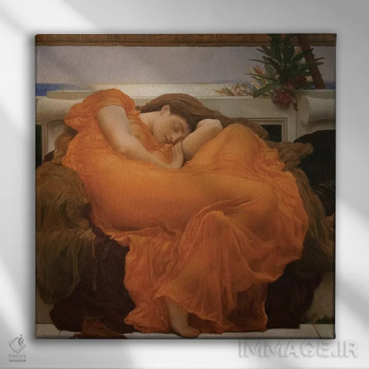 تابلو c.1895,ژوئن شعلهور، حدود ۱۸۹۵ اثر فردریک لیتون (نقاش و مجسمهساز انگلیسی) - نمای روبهرو روی دیوار