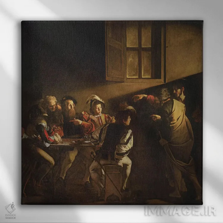 تابلو c.1598-1601,دعوت متی مقدس، حدود ۱۵۹۸–۱۶۰۱ اثر میکلآنژو مریزی دا کاراواجو (کاراواجو؛ نقاش بزرگ ایتالیایی) - نمای روبهرو روی دیوار