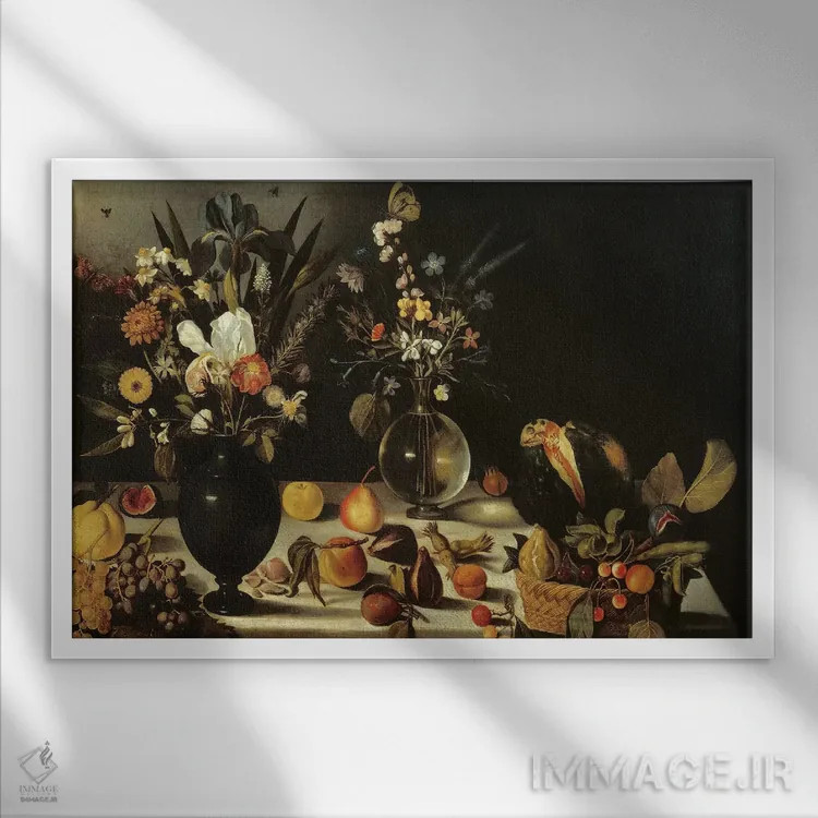 تابلو by Master of the Hartford Still Life, c.1600-10,طبیعت بیجان با گلها و میوهها اثر استاد طبیعت بیجان هارتفورد، حدود ۱۶۰۰–۱۰ اثر میکلآنژو مریزی دا کاراواجو (کاراواجو؛ نقاش بزرگ ایتالیایی) - نمای قابدار سفید