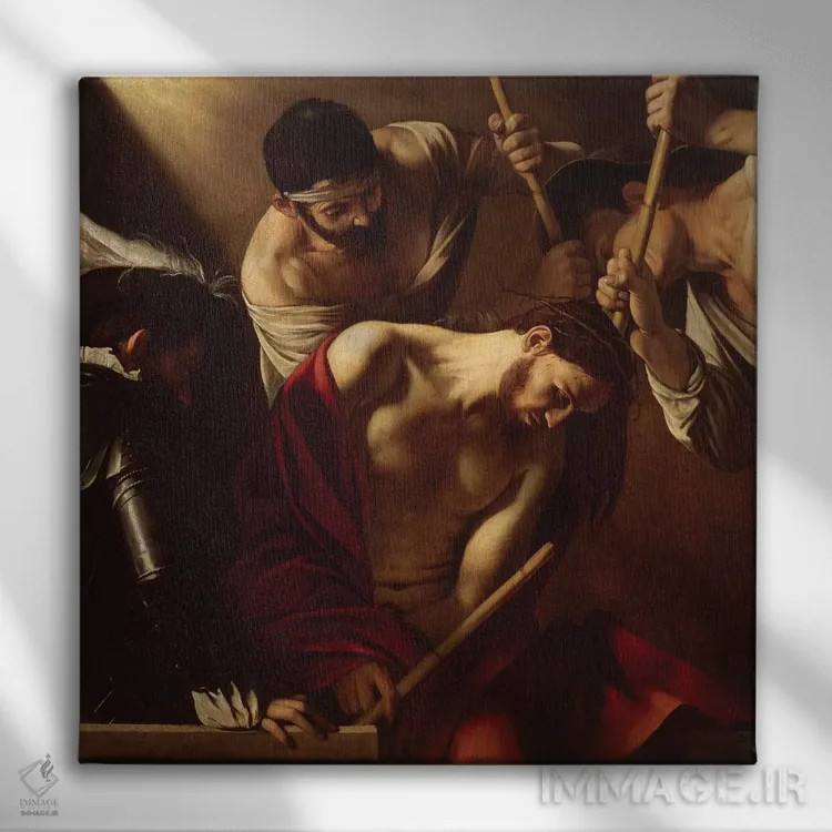 تابلو c.1603,تاجگذاری با خار، حدود ۱۶۰۳ اثر میکلآنژو مریزی دا کاراواجو (کاراواجو؛ نقاش بزرگ ایتالیایی) - نمای روبهرو روی دیوار