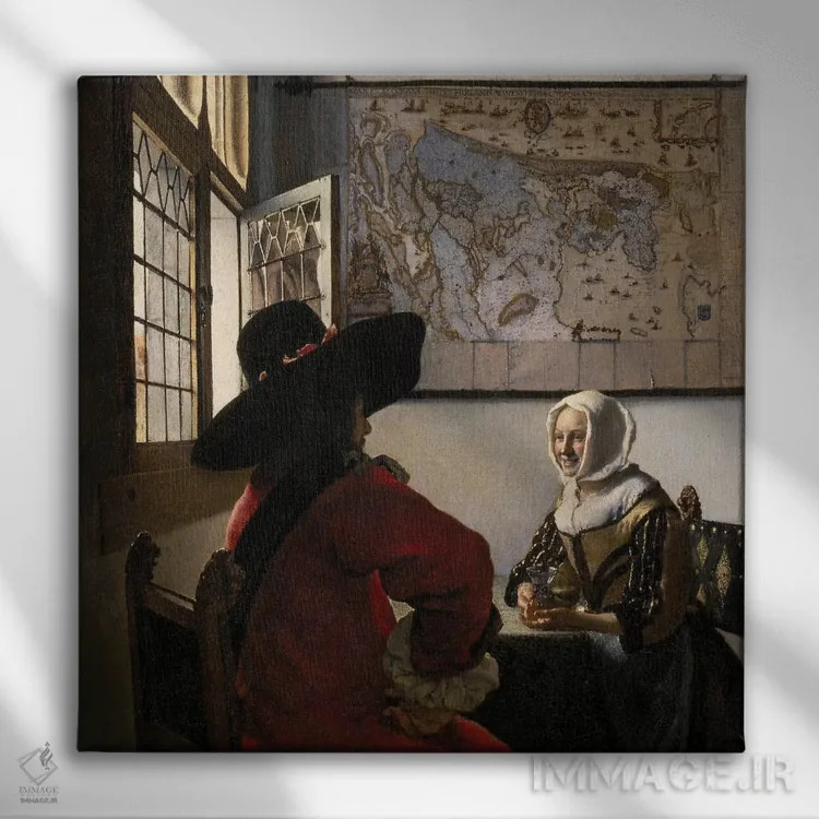تابلو c. 1657-58,افسر و دختر خندان، حدود ۱۶۵۷–۵۸ اثر یان ورمیر (نقاش هلندی) - نمای روبهرو روی دیوار