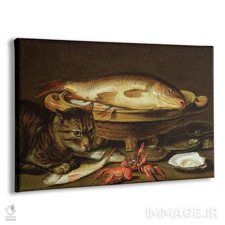 تابلو oysters, crayfish, roach and a cat on the ledge beneath,طبیعت بیجان با کپور در آبکش سرامیکی، صدف، خرچنگ، ماهی روچ و گربهای بر طاق زیرین اثر کلارا پیترز - نمای پرسپکتیو محصول
