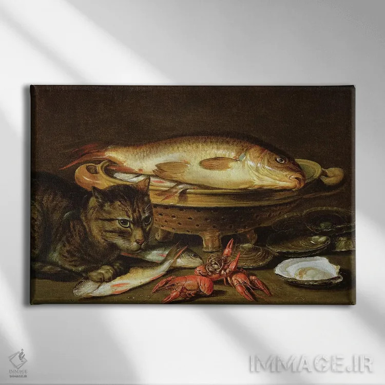 تابلو oysters, crayfish, roach and a cat on the ledge beneath,طبیعت بیجان با کپور در آبکش سرامیکی، صدف، خرچنگ، ماهی روچ و گربهای بر طاق زیرین اثر کلارا پیترز - نمای روبهرو روی دیوار