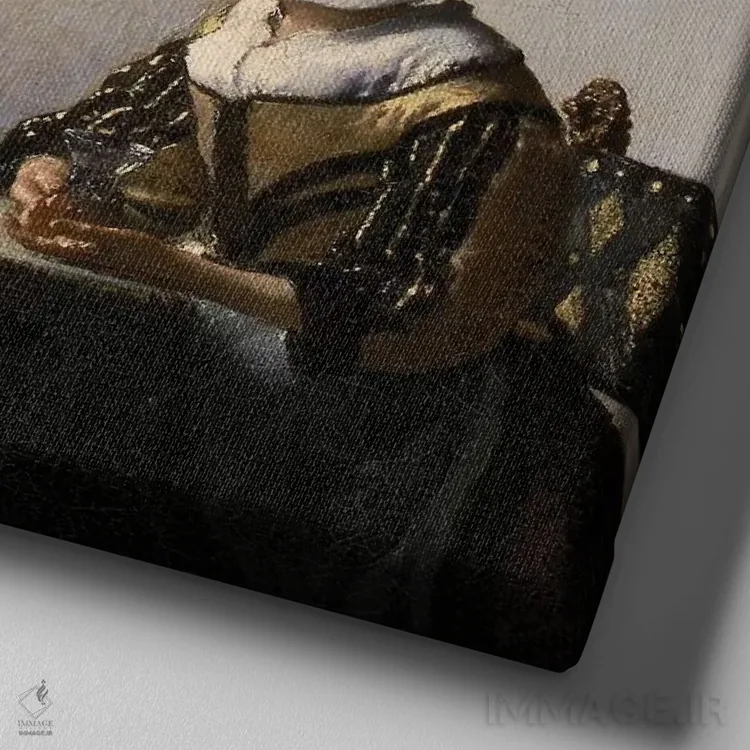 تابلو c. 1657-58,افسر و دختر خندان، حدود ۱۶۵۷–۵۸ اثر یان ورمیر (نقاش هلندی) - نمای نزدیک بافت بوم