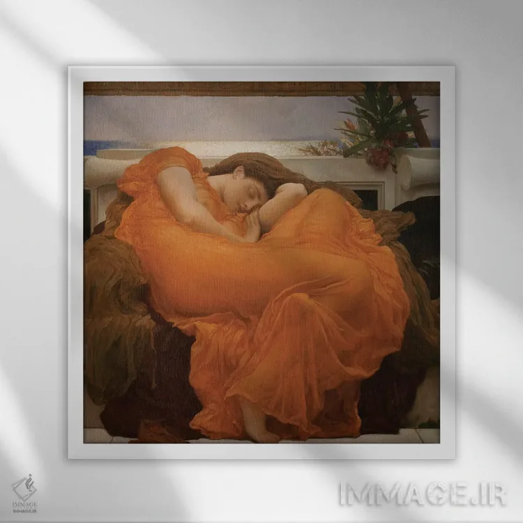 تابلو c.1895,ژوئن شعلهور، حدود ۱۸۹۵ اثر فردریک لیتون (نقاش و مجسمهساز انگلیسی) - نمای قابدار سفید