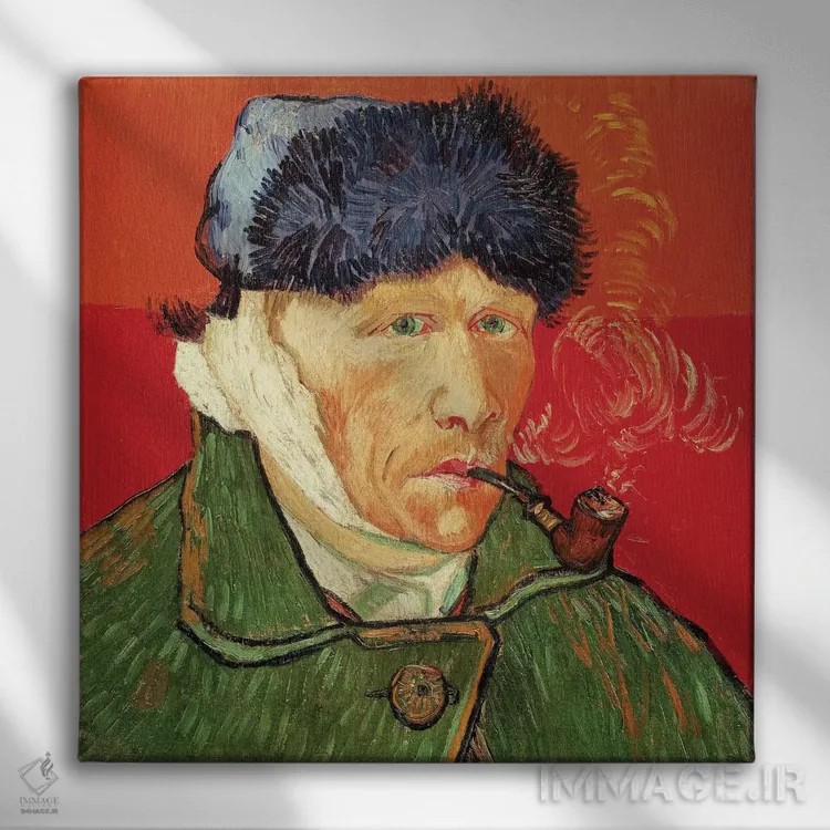 تابلو 1889,خودنگاره با گوش بانداژ شده، ۱۸۸۹ اثر ونسان ون گوگ (نقاش مشهور هلندی پستامپرسیونیسم) - نمای روبهرو روی دیوار