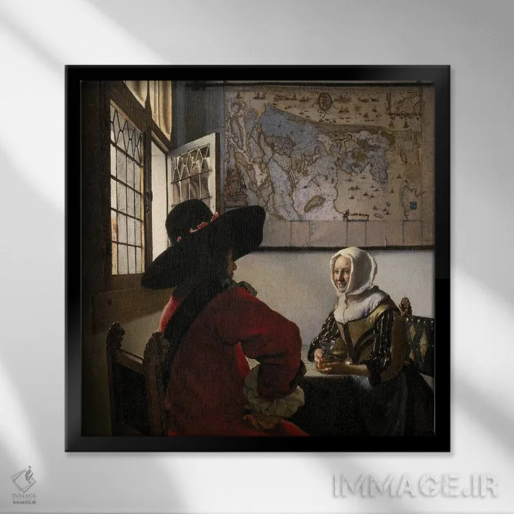 تابلو c. 1657-58,افسر و دختر خندان، حدود ۱۶۵۷–۵۸ اثر یان ورمیر (نقاش هلندی) - نمای قابدار مشکی