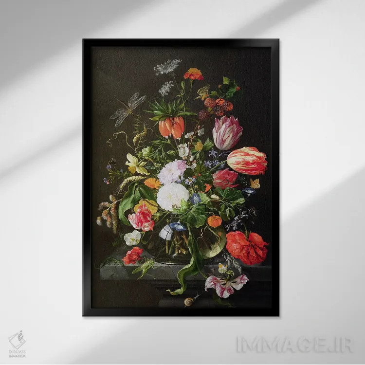 تابلو طبیعت بیجان گلها اثر یان داویدز د هیم (نقاش هلندی) - نمای قابدار مشکی