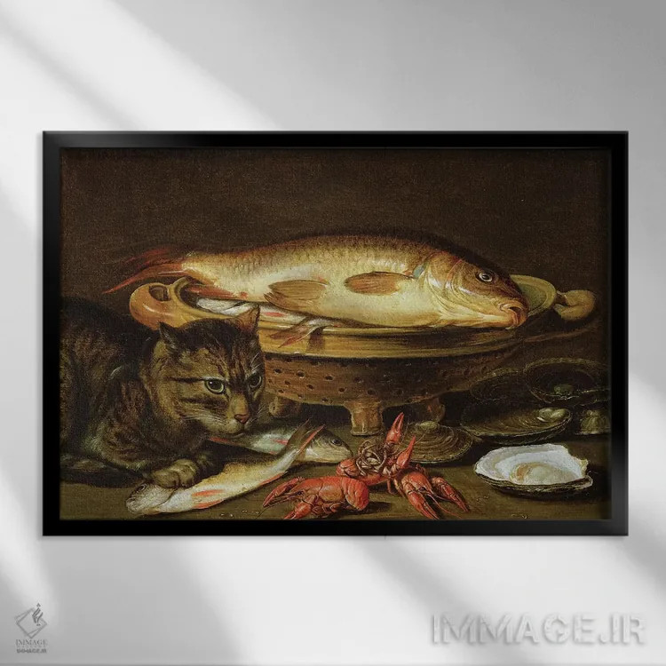 تابلو oysters, crayfish, roach and a cat on the ledge beneath,طبیعت بیجان با کپور در آبکش سرامیکی، صدف، خرچنگ، ماهی روچ و گربهای بر طاق زیرین اثر کلارا پیترز - نمای قابدار مشکی