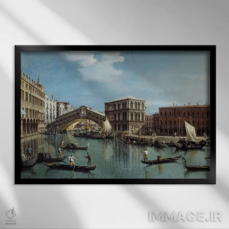 تابلو نقاشی پل ریالتو در ونیز اثر کانالتو (نقاش ایتالیایی ونیزی منظره) - نمای قابدار مشکی