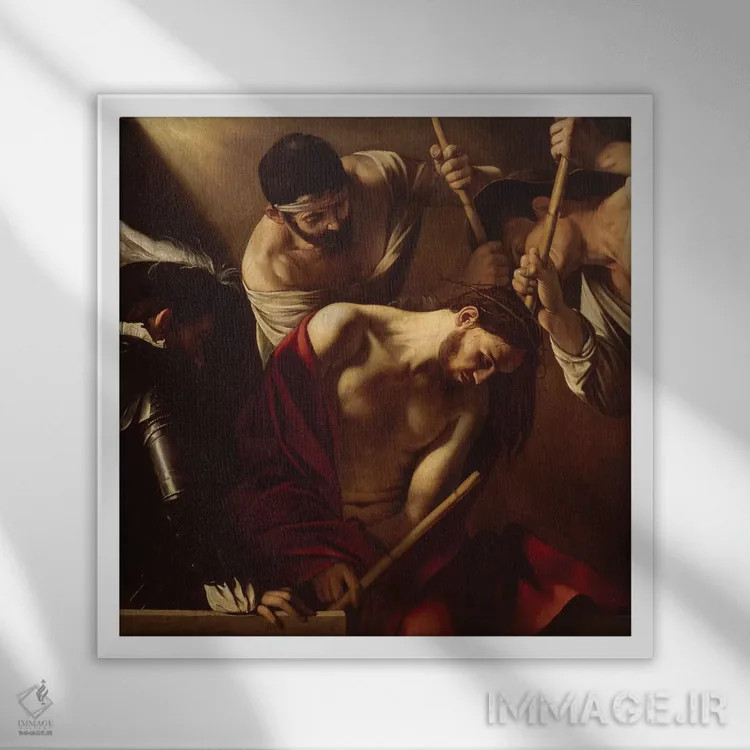 تابلو c.1603,تاجگذاری با خار، حدود ۱۶۰۳ اثر میکلآنژو مریزی دا کاراواجو (کاراواجو؛ نقاش بزرگ ایتالیایی) - نمای قابدار سفید