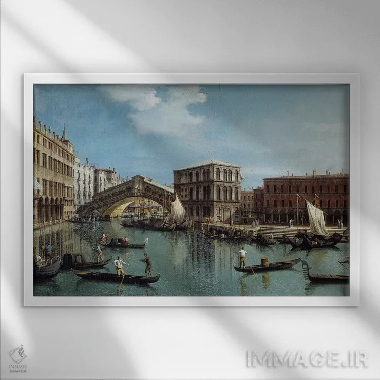 تابلو نقاشی پل ریالتو در ونیز اثر کانالتو (نقاش ایتالیایی ونیزی منظره) - نمای قابدار سفید