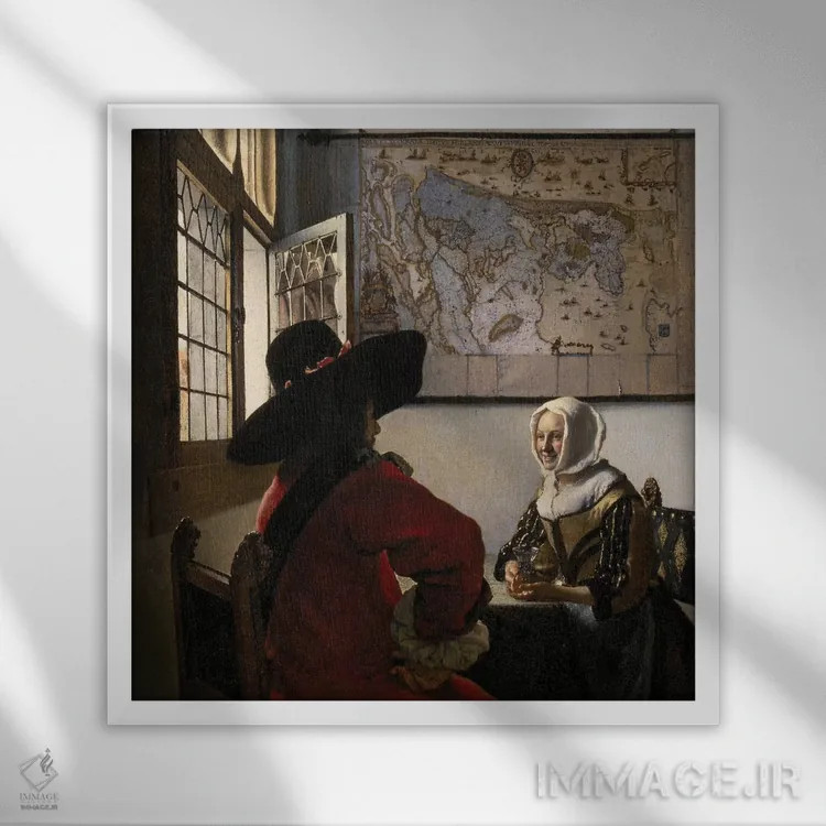 تابلو c. 1657-58,افسر و دختر خندان، حدود ۱۶۵۷–۵۸ اثر یان ورمیر (نقاش هلندی) - نمای قابدار سفید