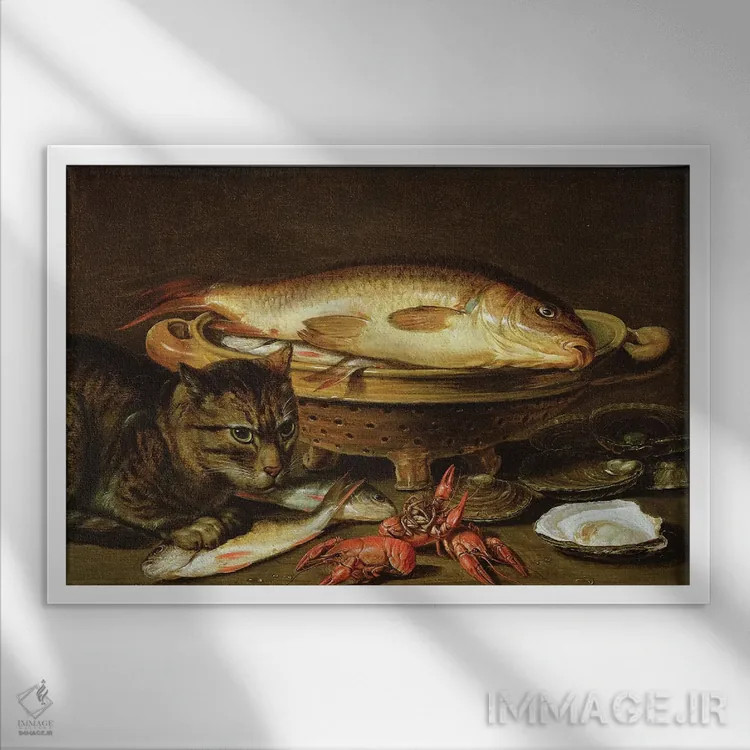 تابلو oysters, crayfish, roach and a cat on the ledge beneath,طبیعت بیجان با کپور در آبکش سرامیکی، صدف، خرچنگ، ماهی روچ و گربهای بر طاق زیرین اثر کلارا پیترز - نمای قابدار سفید