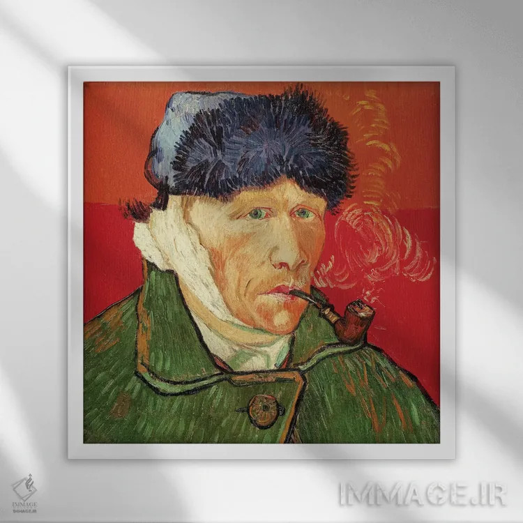 تابلو 1889,خودنگاره با گوش بانداژ شده، ۱۸۸۹ اثر ونسان ون گوگ (نقاش مشهور هلندی پستامپرسیونیسم) - نمای قابدار سفید